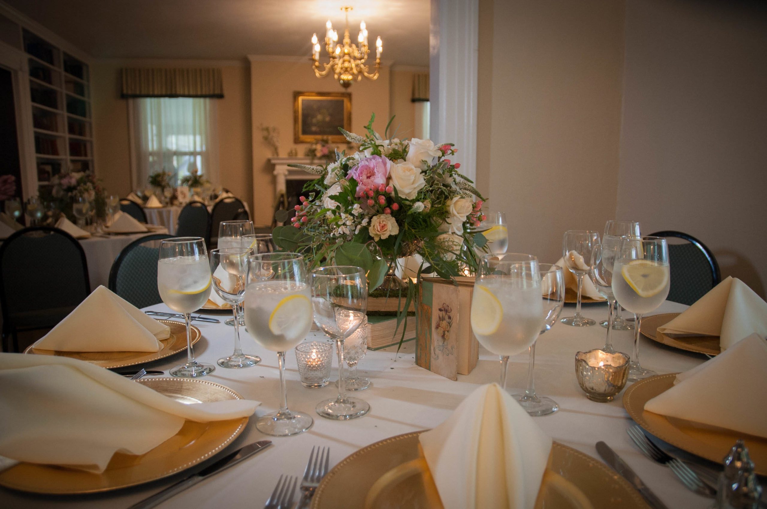 table setting in library and living room